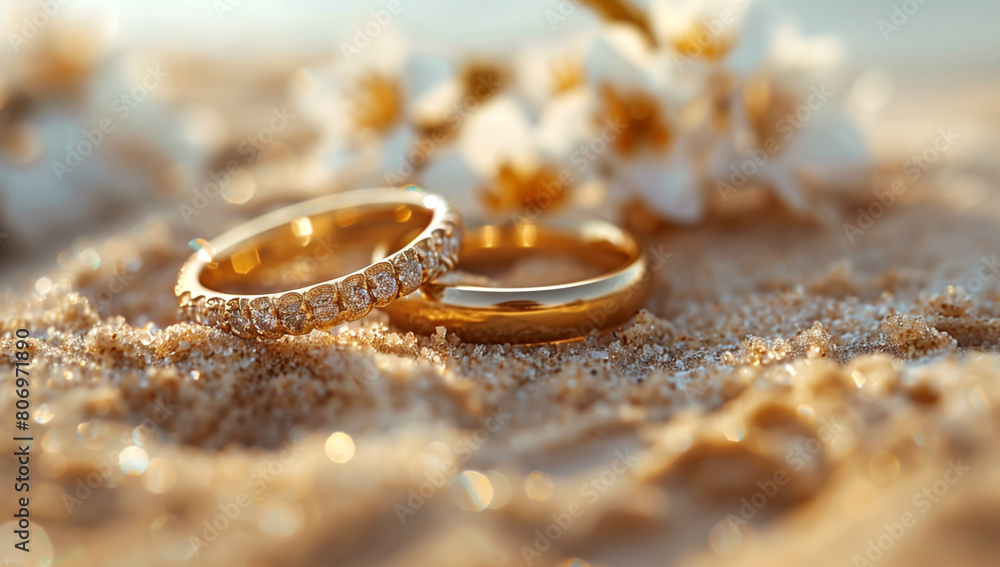 Two gold wedding rings are placed on a sandy beach Two gold wedding rings are placed on a sandy beach