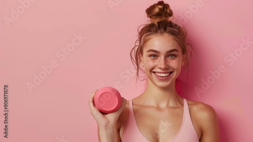 Woman Holding Pink Skincare Product photo