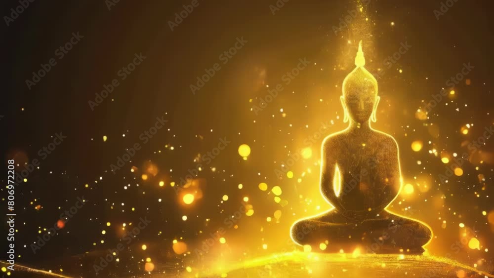 A golden Buddha statue sits on a golden hill, surrounded by a glowing, sparkling background. Concept of peace and serenity, as if the Buddha is in a state of deep meditation A golden Buddha statue sits on a golden hill, surrounded by a glowing, sparkling background. Concept of peace and serenity, as if the Buddha is in a state of deep meditation
