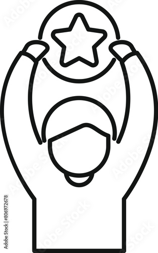 Person take reward star coin icon outline vector. Happy bonus. Digital service gift