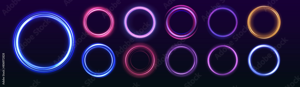 Set of neon blurry light circles at motion . Vector swirl trail effect. Abstract vector fire circles, sparkling swirls and energy light spiral frames. Set of neon blurry light circles at motion . Vector swirl trail effect. Abstract vector fire circles, sparkling swirls and energy light spiral frames.