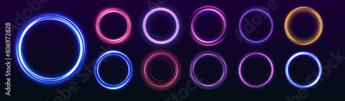 Set of neon blurry light circles at motion . Vector swirl trail effect. Abstract vector fire circles, sparkling swirls and energy light spiral frames.	