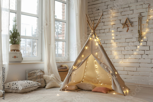 Bright and inviting children's room featuring a playful tent adorned with sparkling fairy lights, situated by a large window with a view, creating a magical play space for kids photo