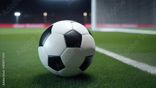 A close-up of a soccer ball on a lush green field under stadium lights, emphasizing the texture and detail of the ball and grass