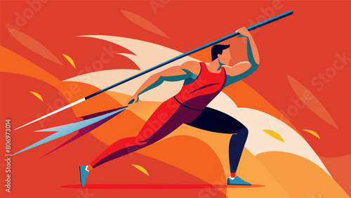 Aiming for the gold medal the elite javelin thrower unleashes a fierce lightninglike throw that leaves his competitors trailing behind.. Vector illustration