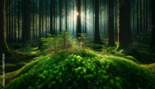 A serene forest scene capturing a close-up view of the forest floor  highlighting vibrant green moss and young ferns emerging from the earth