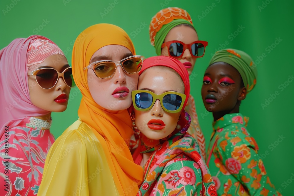 women group fashion sunglasses on green background women group fashion sunglasses on green background