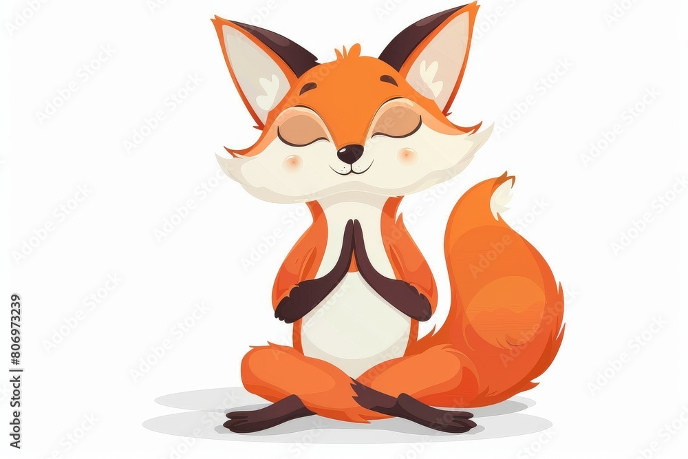 A serene fox gracefully practicing yoga poses against a clean white backdrop. A serene fox gracefully practicing yoga poses against a clean white backdrop.