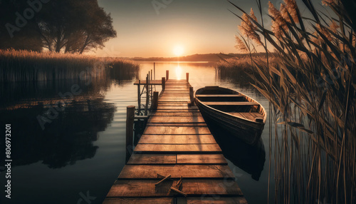 A serene lakeside scene at sunset. The focus is on a rustic wooden dock extending into a calm lake, flanked by tall reeds © Tanicsean