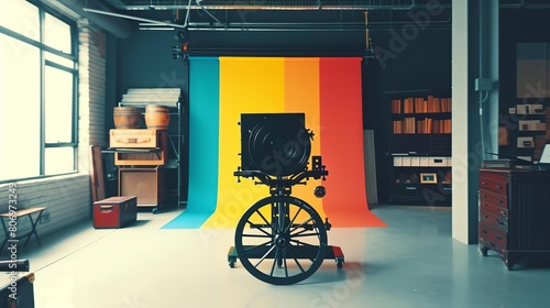 A large format camera sits in the center of a photo studio photo