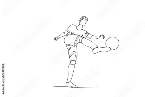 One continuous line drawing of young The football player will shoot the ball. Football freestyle sport concept. Single line draw design vector illustration
