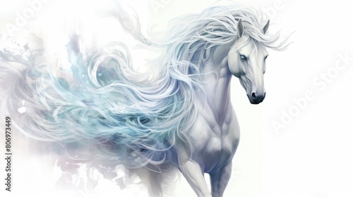 Spectral unicorn guardian watercolor illustration - Generative AI. White, unicorn, horn, mane.
