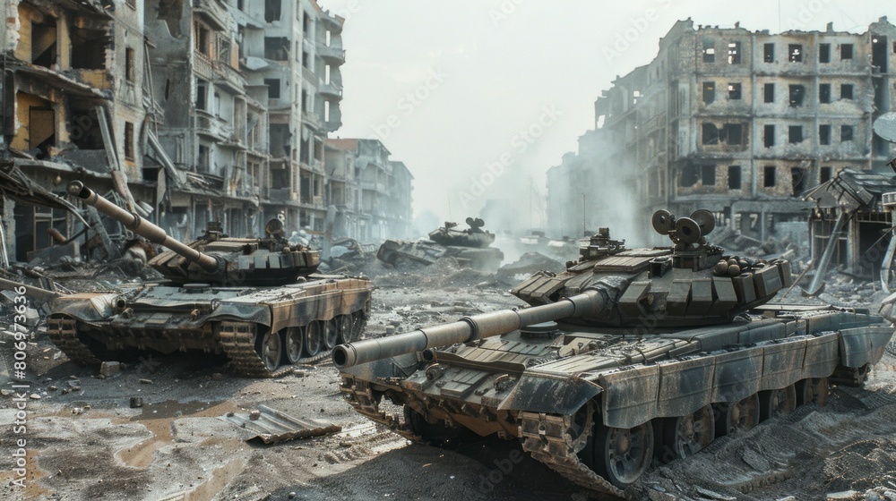 A war scene with tanks in a city