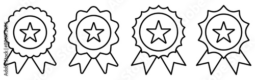 Linear premium quality award badge with star collection. Rosette line icon set. Medal symbol group. Vector illustration isolated on white.