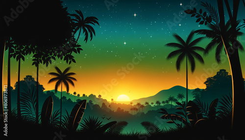 A serene tropical silhouette landscape during twilight. The scene includes silhouetted palm trees and other tropical plants against a vibrant backgroud