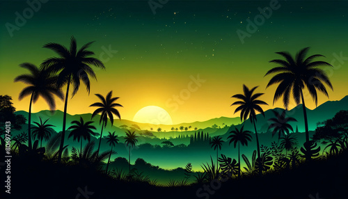 A serene tropical silhouette scene featuring palm trees and various other tropical plants against a vibrant sunset