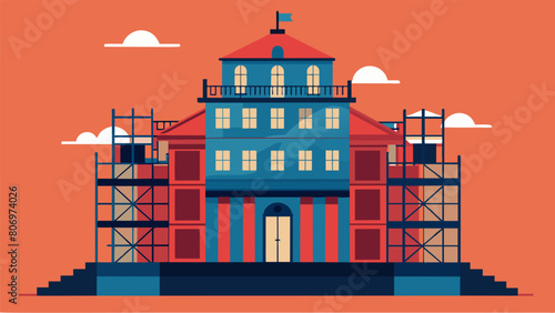 The scaffolding seems to be a work of art in itself with its intricate design and strategic placement around the building.. Vector illustration