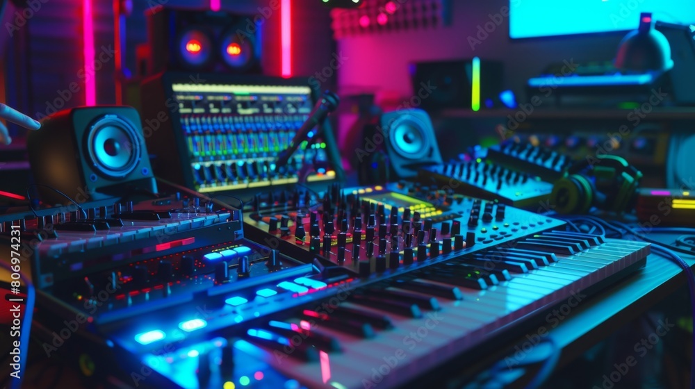 A vibrant music production studio filled with synthesizers, mixers, and speakers, illuminated by neon lights. A vibrant music production studio filled with synthesizers, mixers, and speakers, illuminated by neon lights.