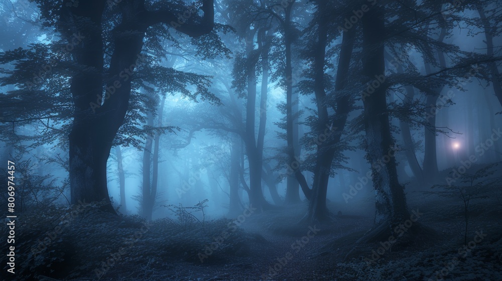 Fototapeta premium An ethereal night in a dense forest, with trees shrouded in blue fog under the soft glow of moonlight, creating a mystical atmosphere.