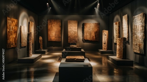 An atmospheric view of an ancient artifacts exhibit, displaying carved stone relics under focused lighting in a museum setting. photo