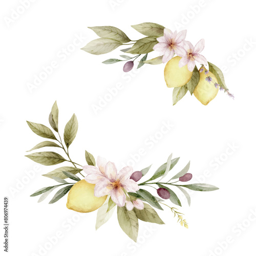 Floral wreath of lemon and olive. Watercolor vector illustration isolated on white. Greenery clipart for greeting cards, decoration, wedding invitation, stationery design.