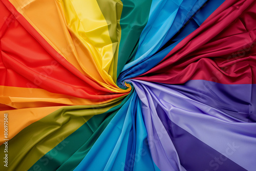 colorful fabric texture, At the heart of the poster, the rainbow flag unfurls in all its vibrant glory