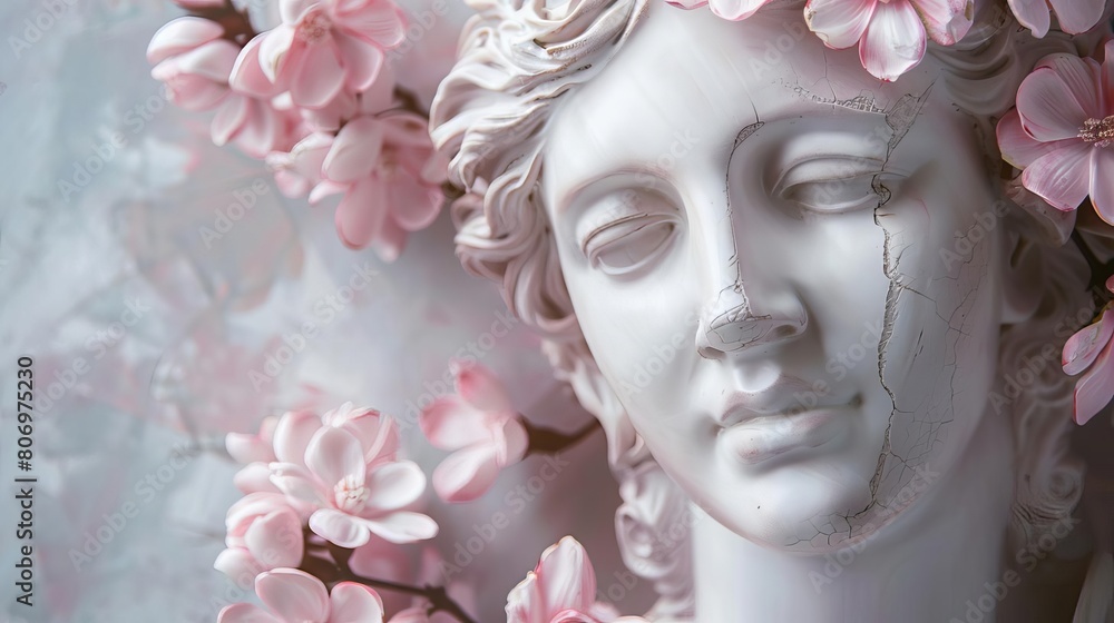 ancient greek or roman goddess sculpture with pink flower bouquet feminine beauty and nature abstract concept ancient greek or roman goddess sculpture with pink flower bouquet feminine beauty and nature abstract concept