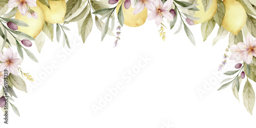 Watercolor vector banner with lemons, olives and green foliage. Hand painted botanical illustration. Perfect for wallpapers, web page backgrounds, surface textures, textile design and invitations. © ElenaMedvedeva
