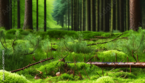 A tranquil forest scene capturing the essence of a vibrant woodland. The foreground features a lush carpet of moss  interspersed with young ferns