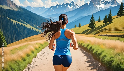 A woman wearing a blue top running in the mountains