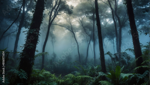 Enter a realm of mystery and enchantment  an exotic foggy forest shrouded in mist  offering a panoramic view of a jungle oasis teeming with life.