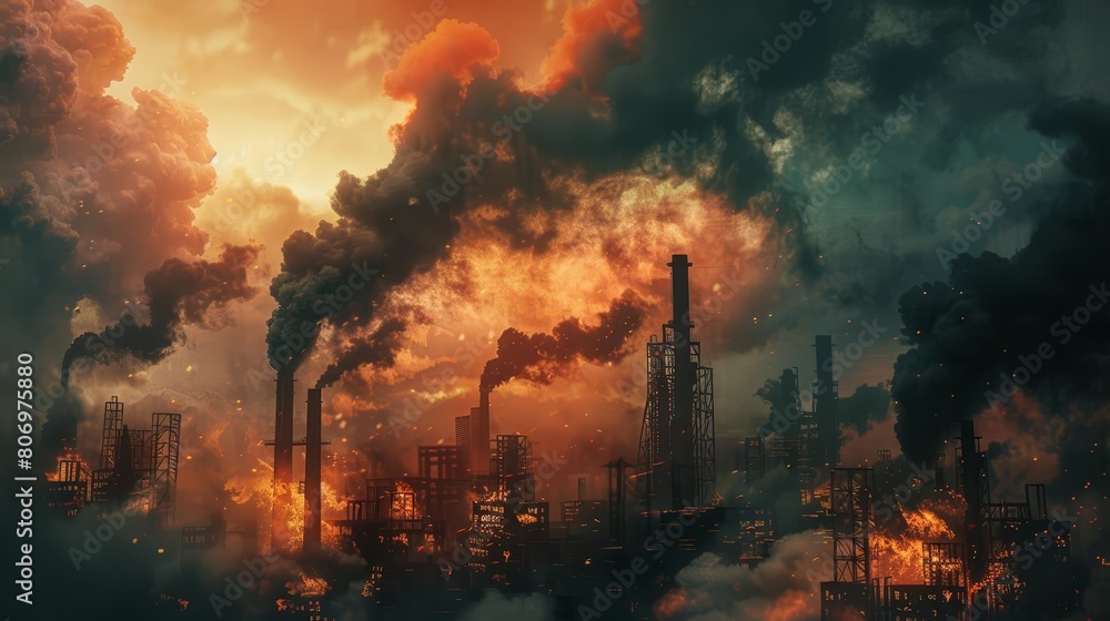 billowing smoke and fire rising into the air industrial pollution concept dramatic atmosphere digital illustration