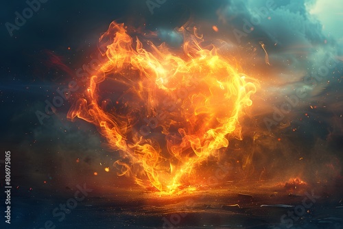 Fiery Heart Shaped Flame Against Twilight Sky © D