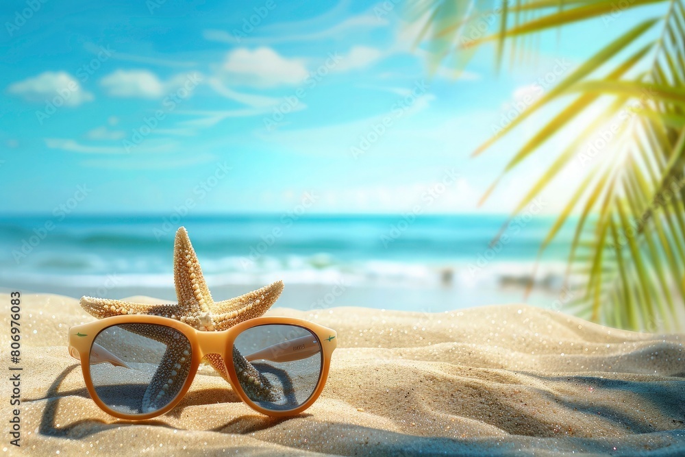 Summer beach background with sunglasses and starfish on the sand, blue sky with clouds and palm leaves on sides, sun rays
