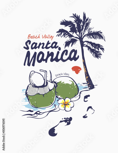 Santa Monica slogan with coconut and footprints on the beach graphic hand drawn vector illustration
