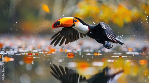 A toucan is flying over a river. The toucan is black with a yellow and orange beak. The river is surrounded by green trees. The water is clear and reflects the sky. photo