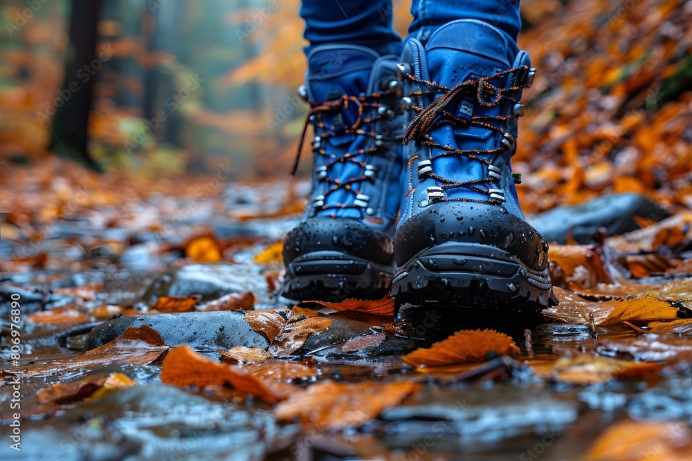 Autumn Hiking Adventure: Close-up of Boots on Leaf-Covered Forest Path Autumn Hiking Adventure: Close-up of Boots on Leaf-Covered Forest Path