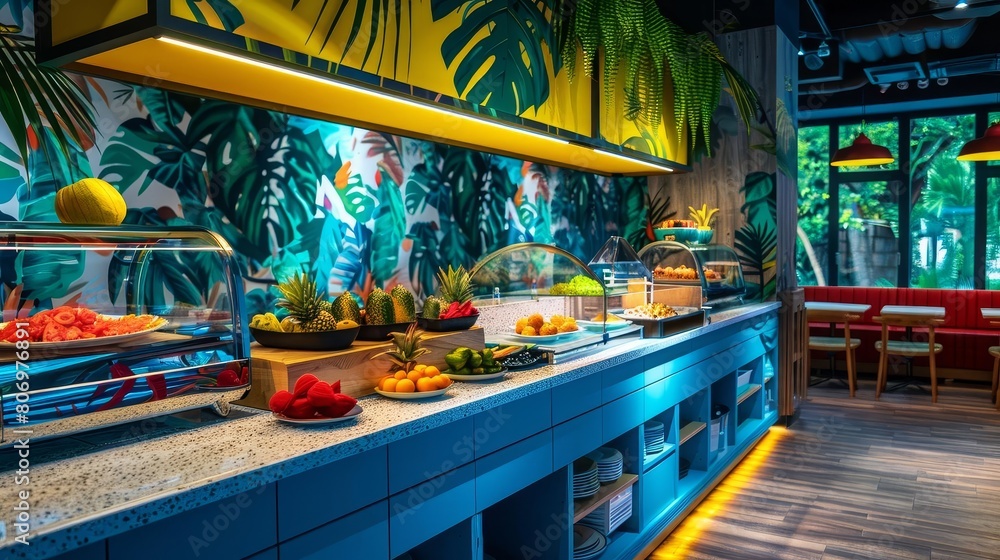Fototapeta premium colorful buffet counter in a tropical selfservice restaurant dining room vibrant interior design concept
