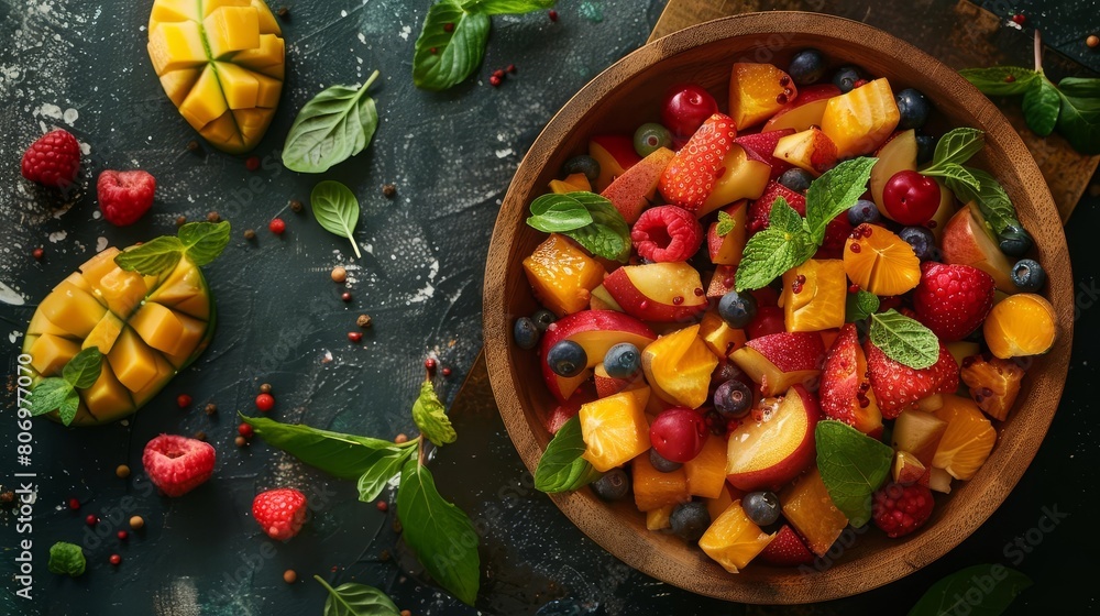 colorful fruit salad in wooden bowl fresh healthy ingredients overhead view rustic kitchen setting food photography colorful fruit salad in wooden bowl fresh healthy ingredients overhead view rustic kitchen setting food photography