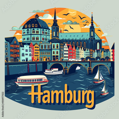 A colorful painting of a Hamburg city with a bridge and boats. The painting has a bright and lively mood