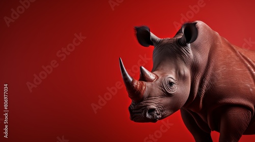 A magnificent rhinoceros stands boldly against a brilliant red backdrop © FMSTUDIO