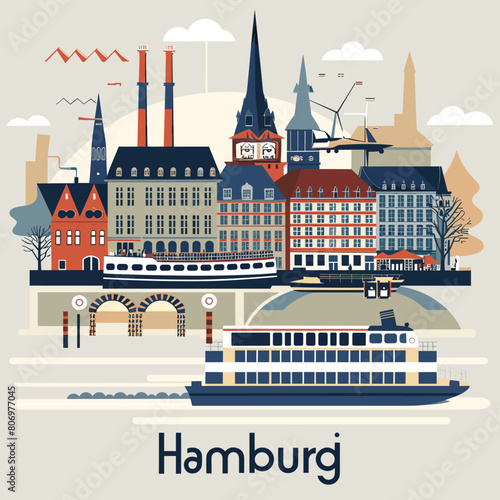 A cityscape of Hamburg with a boat in the foreground. The city is full of buildings and has a river running through it