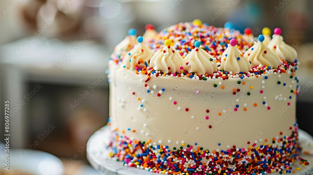colorful sprinklecovered white frosted cake festive birthday dessert food photography colorful sprinklecovered white frosted cake festive birthday dessert food photography