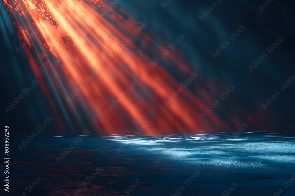 Mystical Red Light Rays Illuminating a Dark Blue Landscape