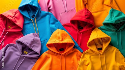 colorful hoodies scattered on vibrant background fashion flat lay concept photo