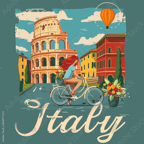 A woman is riding a bicycle in Italy. The city is full of buildings and a large monument