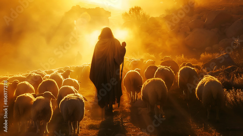 A shepherd in a cloak leads a flock of sheep amidst a misty, sunlit landscape filled with rocks and vegetation. photo