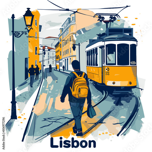 A man walks down a street with a backpack and a trolley is in the background. The image is titled Lisbon