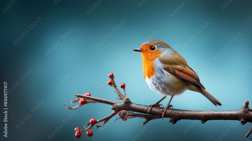 Fototapeta premium A small bird gracefully perches on a branch surrounded by vibrant berries