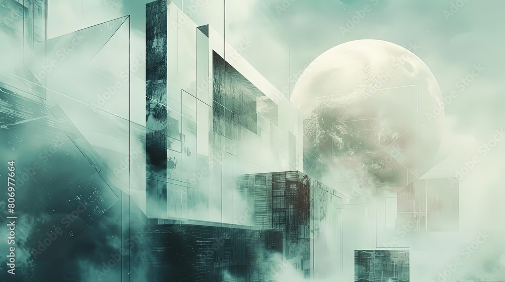 abstract composition with transparent layers and interstellar tones, featuring a white building in the foreground abstract composition with transparent layers and interstellar tones, featuring a white building in the foreground